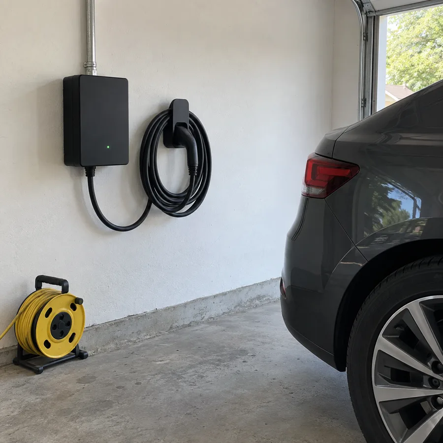 A black car charger mounted on a garage wall with its cable looped beside it, next to a parked gray car