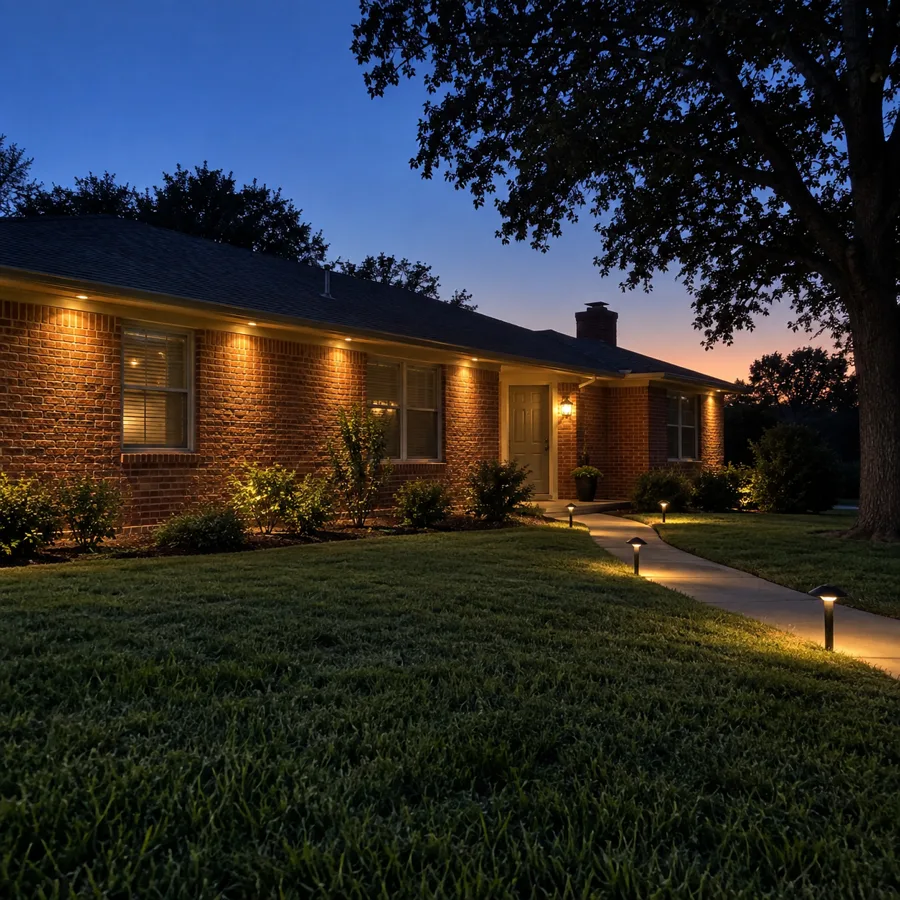 A brick ranch house at dusk with warm lights under the eaves and low lights along the front walk