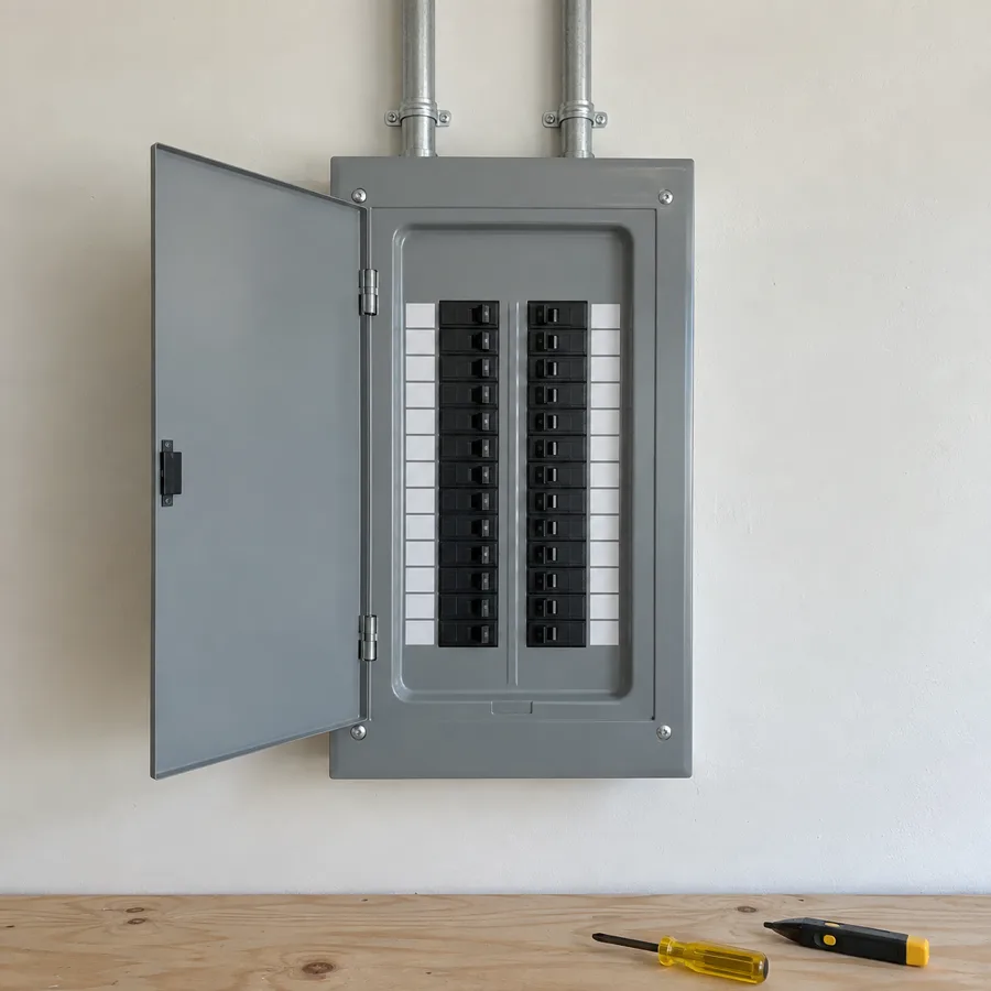 A new gray breaker panel on a garage wall with its door open, two neat columns of breakers and two straight runs of conduit
