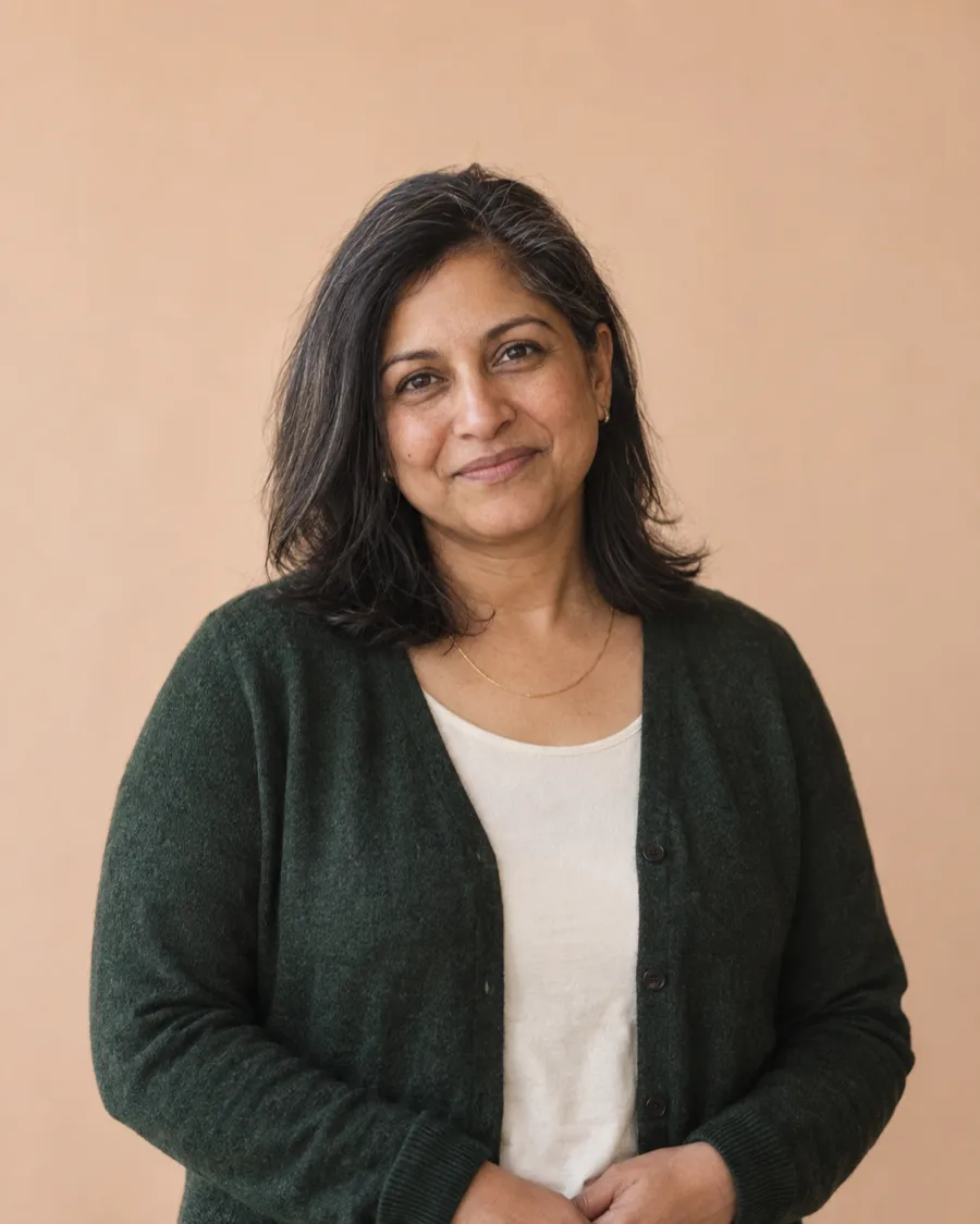 Priya Raman, marriage and family therapist, in a green cardigan