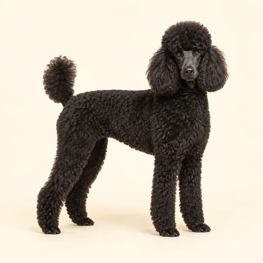 Otis, a black standard poodle with a neat trim, standing on a cream backdrop