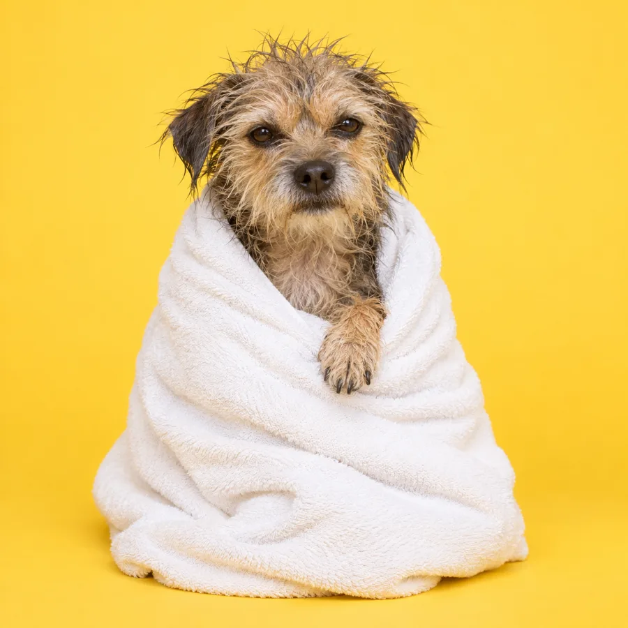 Pickle, a small scruffy terrier with damp fur, wrapped in a white towel on a yellow backdrop