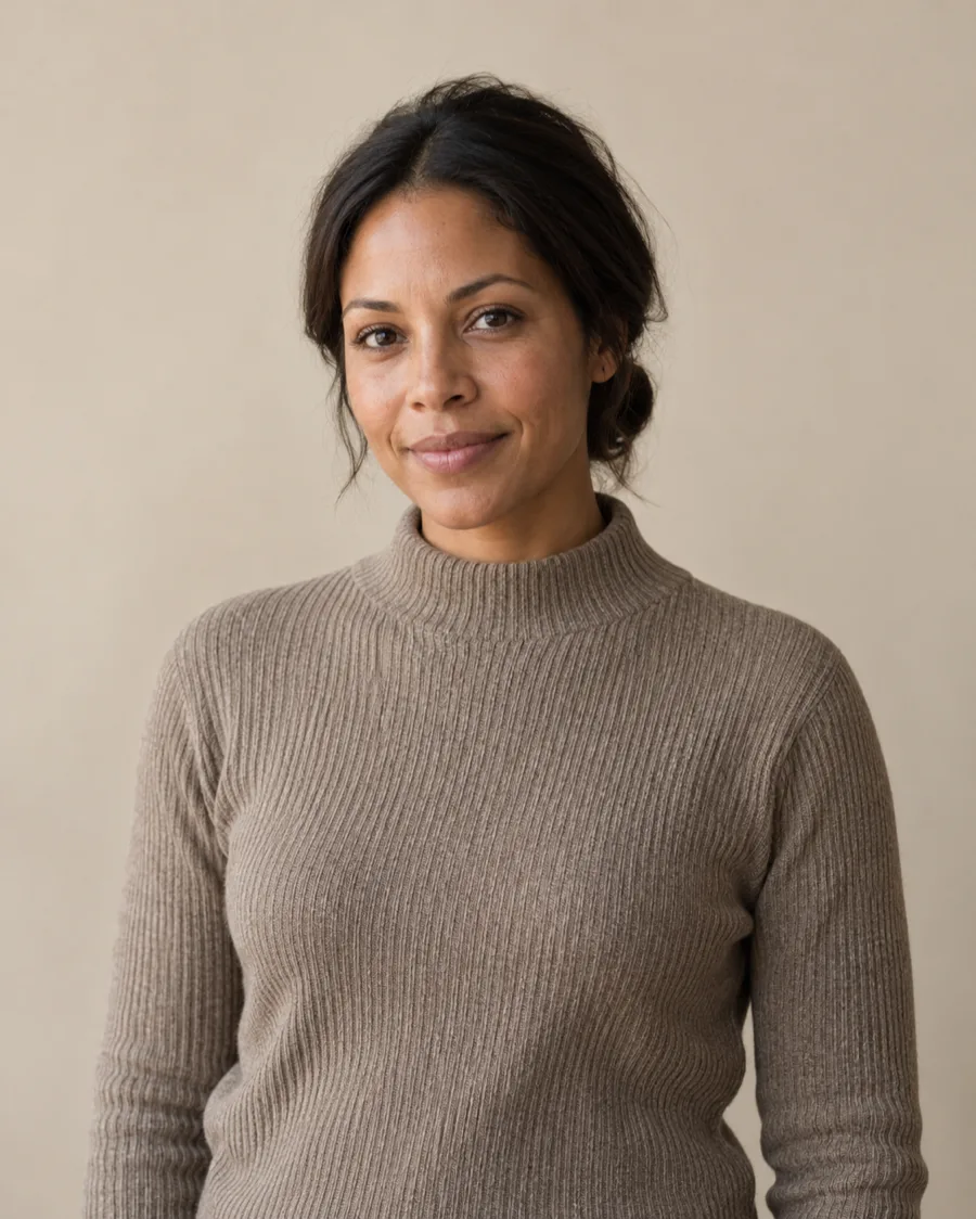 Elodie Marsh, the studio's lead aesthetician, in a taupe knit.