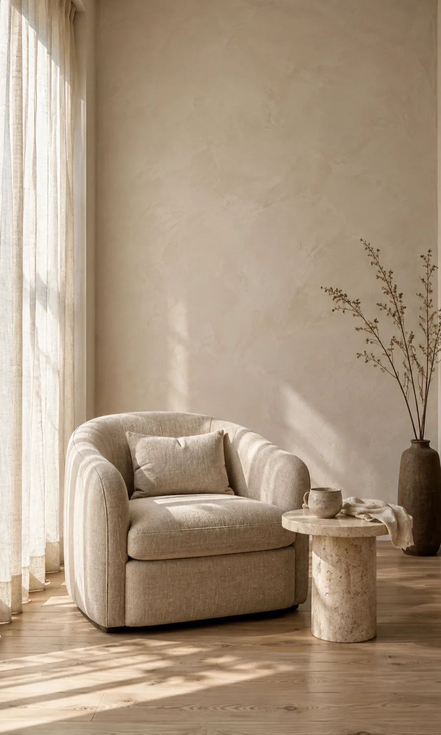 The studio lounge: a linen armchair and a small travertine table in soft daylight.