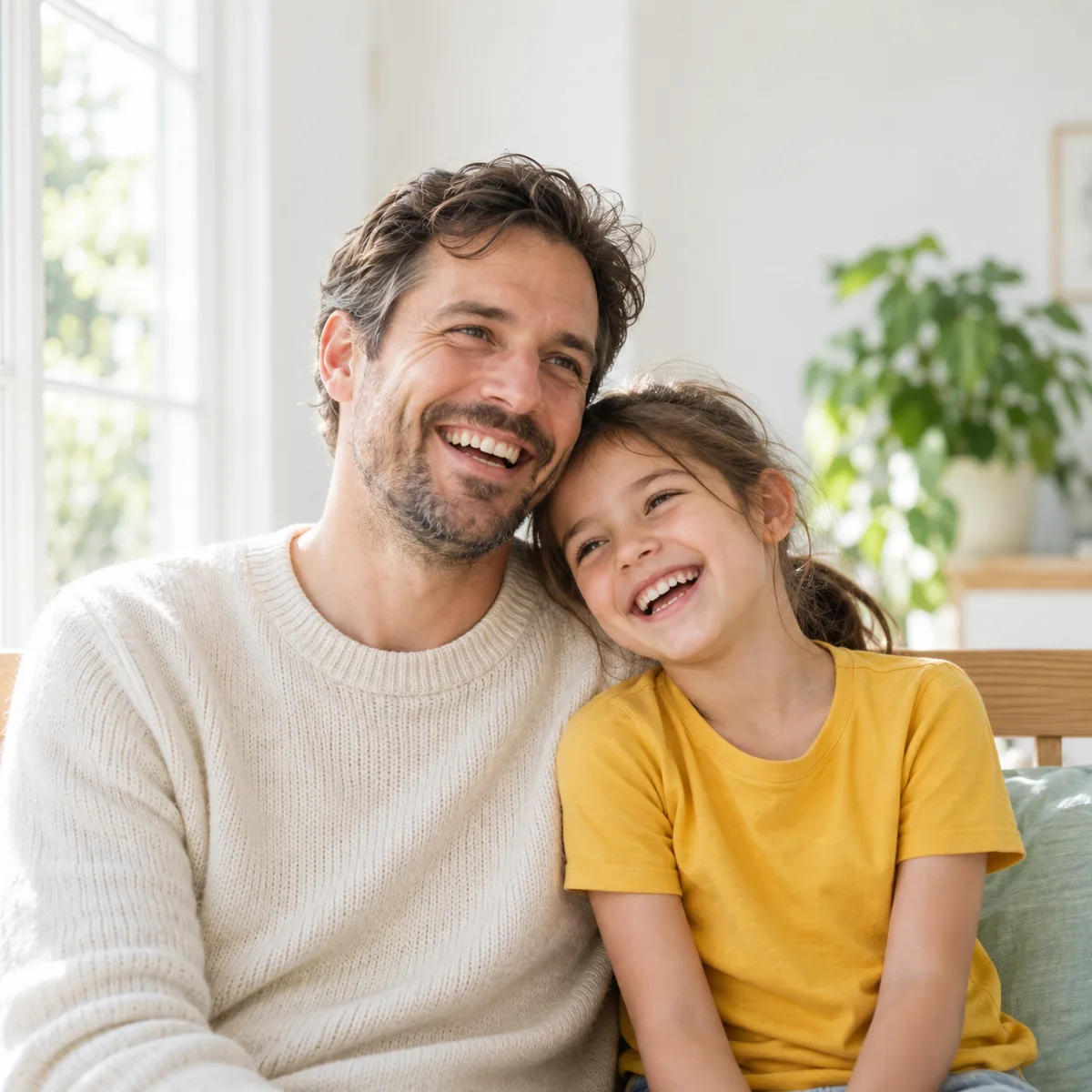 A father and his seven year old daughter laughing together on a bench in a sunny room