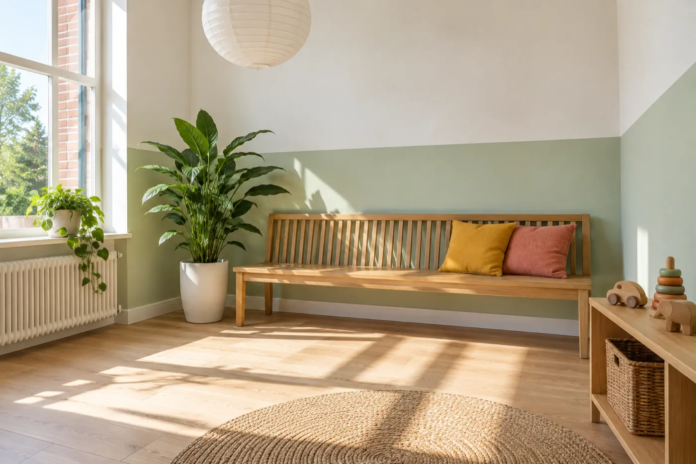 The waiting room: a long oak bench with yellow and coral cushions against a mint wall, a tall plant and wooden toys in morning sun