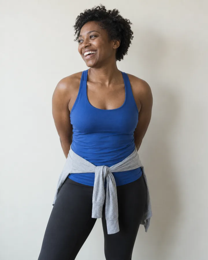 Dara Whitlock, a teacher in a cobalt blue top, laughing at something off camera