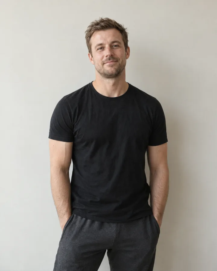 Theo Lindahl, a teacher in a black t shirt with his hands in his pockets