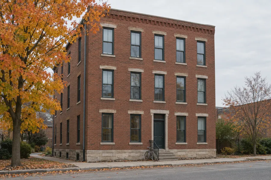 The three story brick building on Kessler Street where the office is, on an overcast day in October.