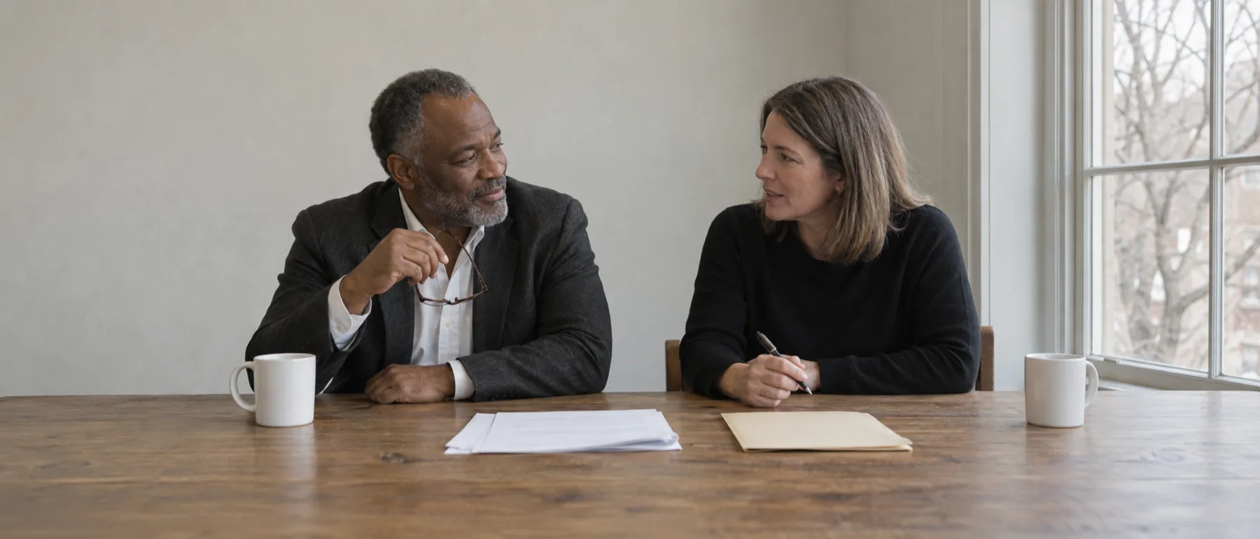 Ikenna Okafor and Karin Lindqvist talking over a stack of papers at the oak table in the conference room, photographed in black and white.