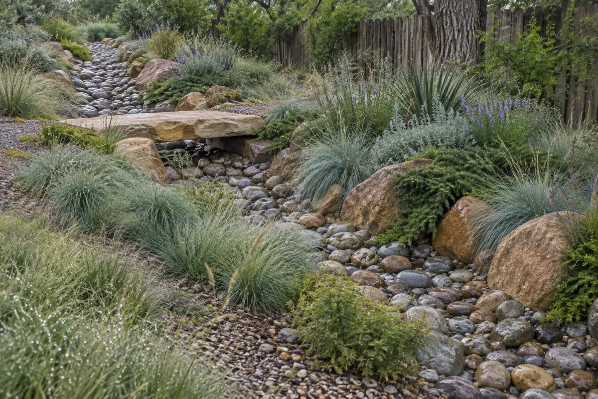 A dry creek bed of river cobbles winding through grasses and sage, crossed by a single sandstone slab bridge.
