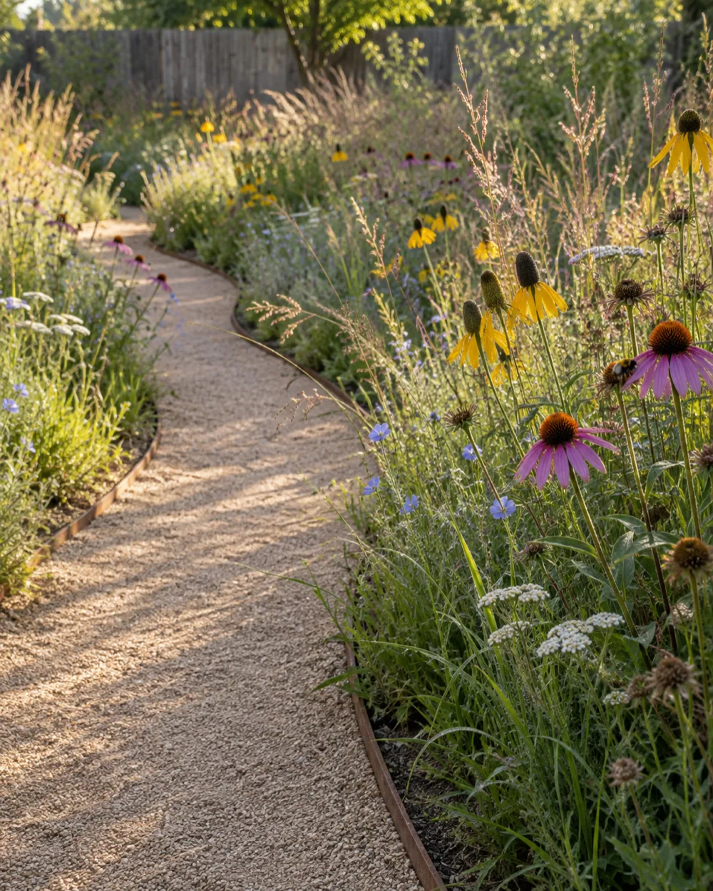 A crushed granite path with steel edging curving through a native meadow of purple and yellow coneflowers, blue flax and grasses in morning light.
