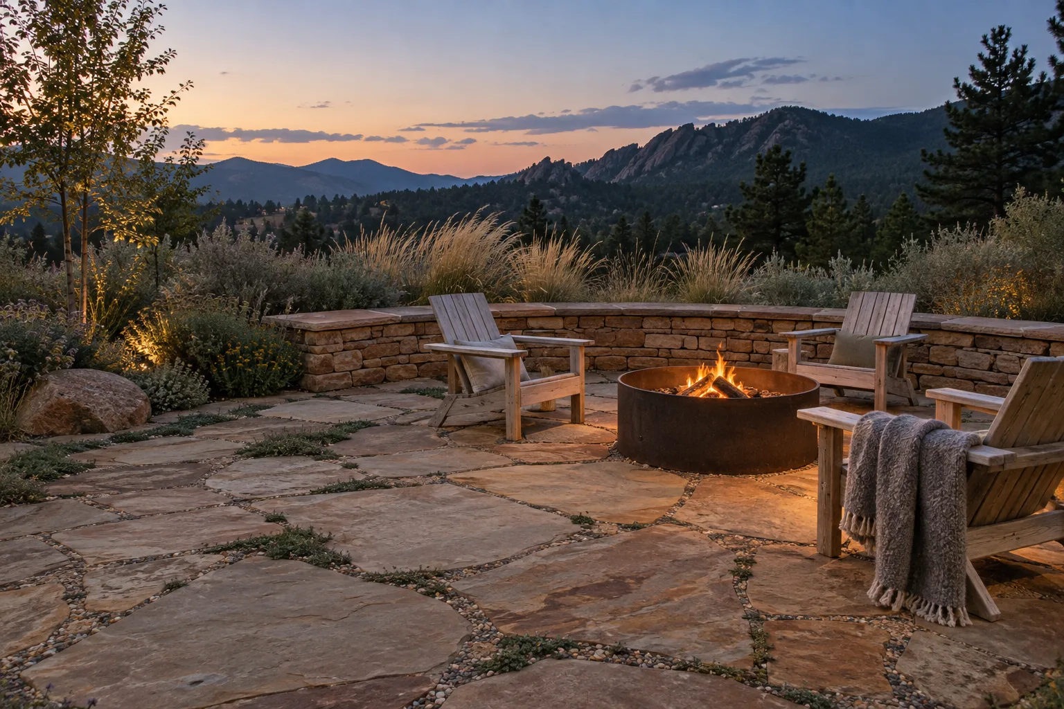 A flagstone patio at dusk with a low steel fire pit, three cedar chairs and a curved dry stacked seat wall, looking out to pine covered foothills.