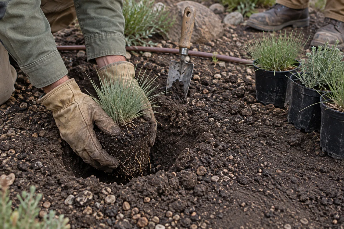 Gloved hands lowering a young native grass into freshly dug soil, with a trowel, drip line and a crew member's boots nearby.