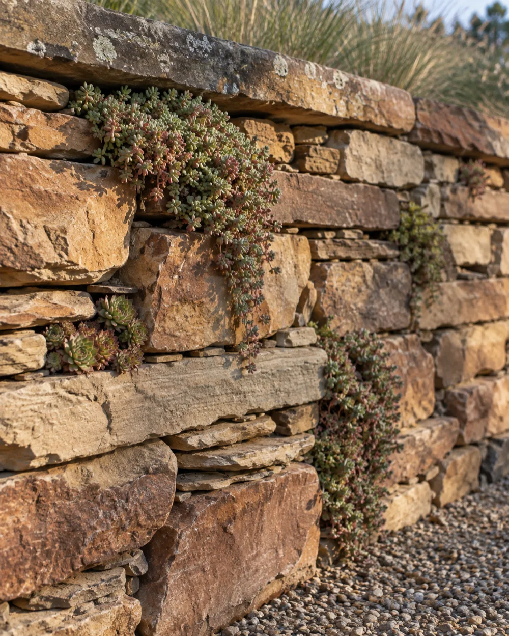 Close view of a dry stacked sandstone retaining wall with grey green sedum and hens and chicks growing from the joints.