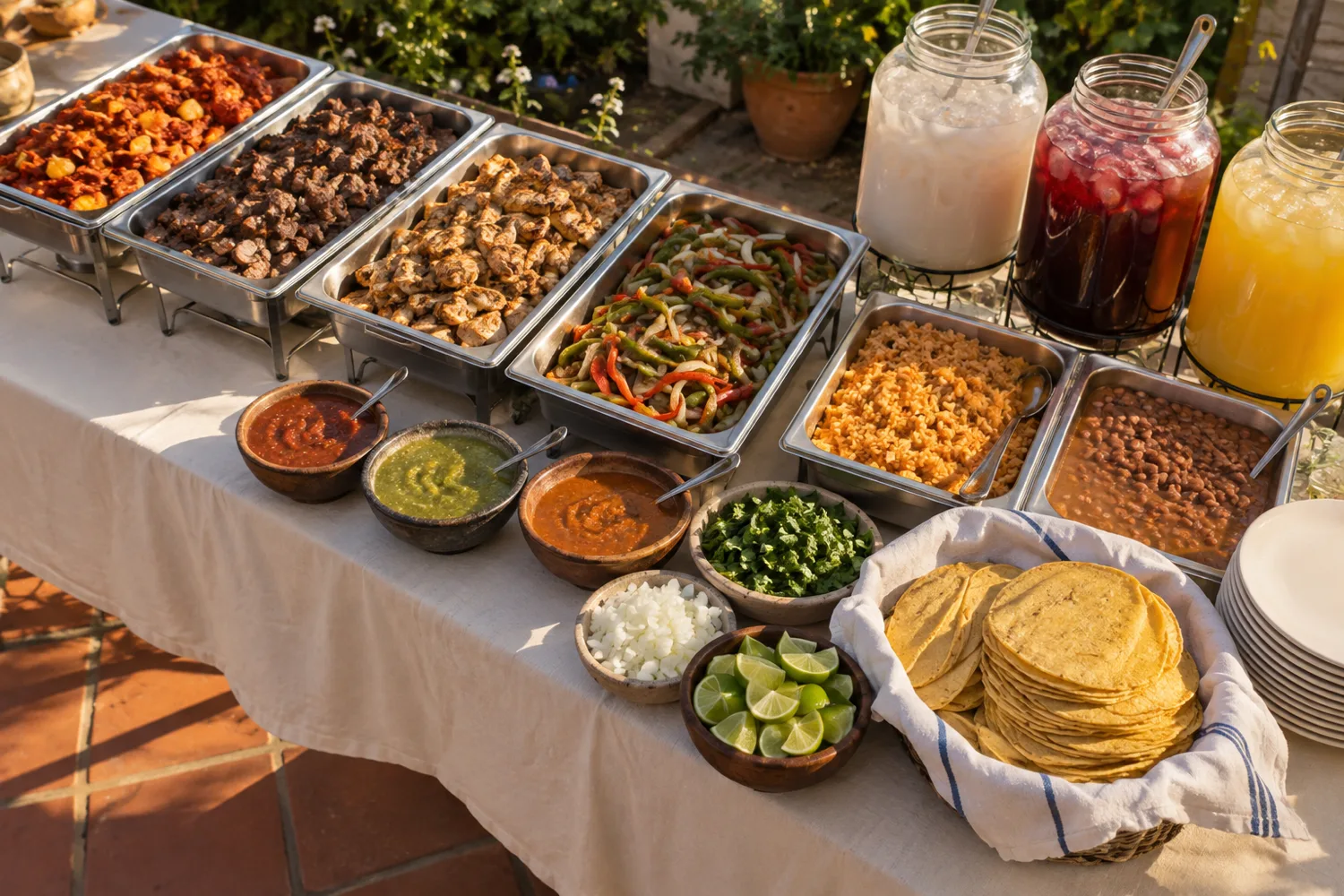 A long party table with trays of al pastor, carne asada, chicken and peppers, bowls of salsa, a basket of corn tortillas and three jars of aguas frescas.