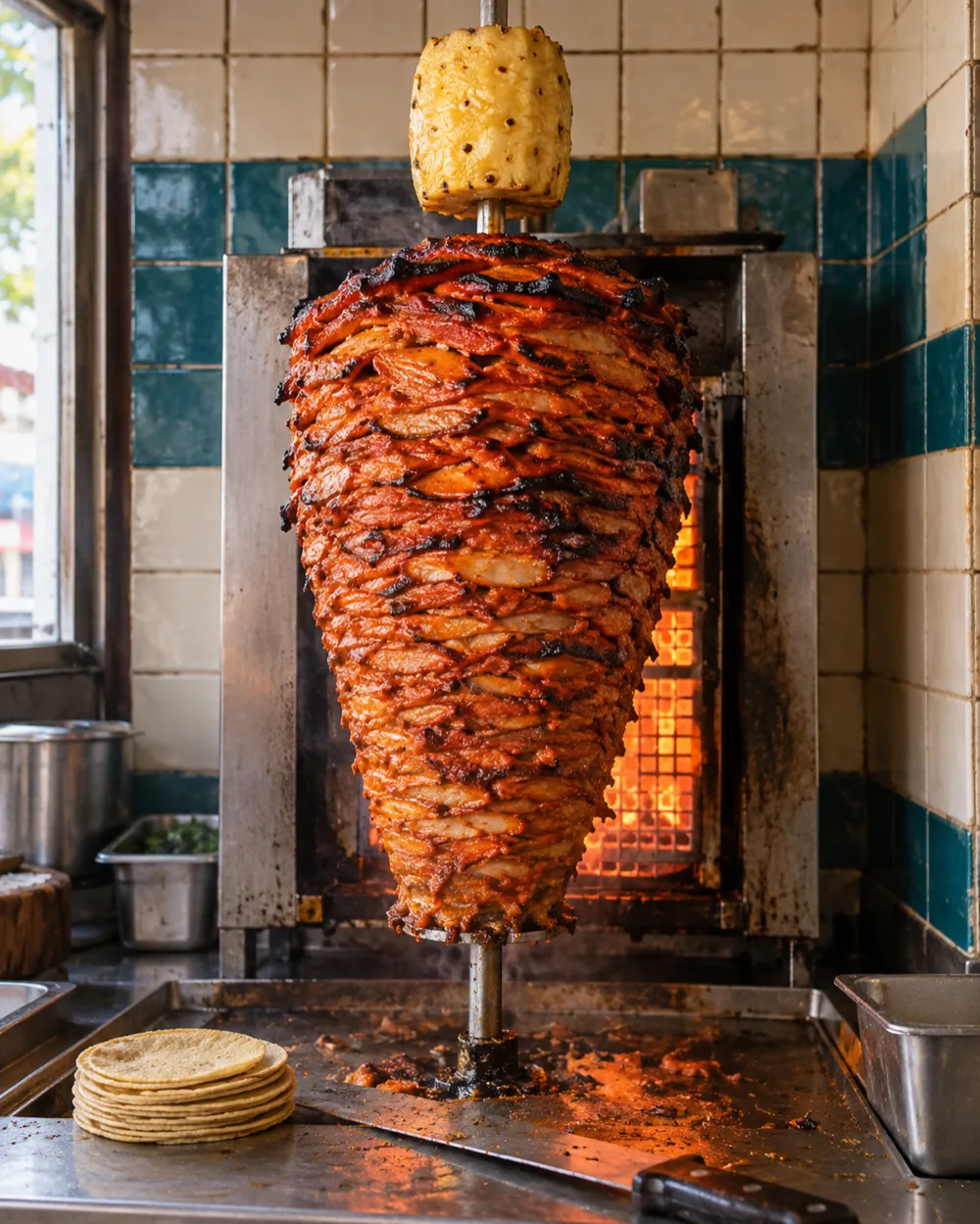 Al pastor stacked on a vertical spit in front of a glowing burner, a whole pineapple on top, in a small kitchen tiled in cream and teal.